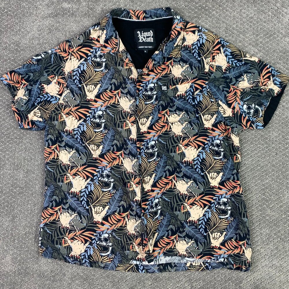Liquid Death Hawaiian Shirt Screaming Skeleton Skull Men's XL Fits Short Large
